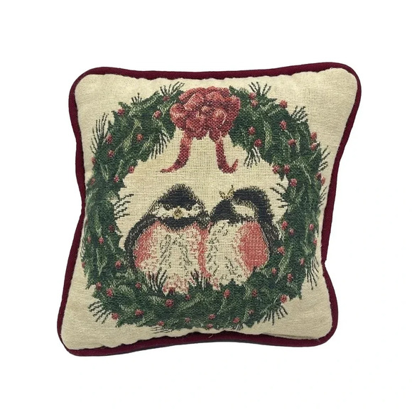 VTG Riverdale Christmas Tapestry Fringed Love birds in Wreath Throw Pillow 8” - Picture 1 of 6